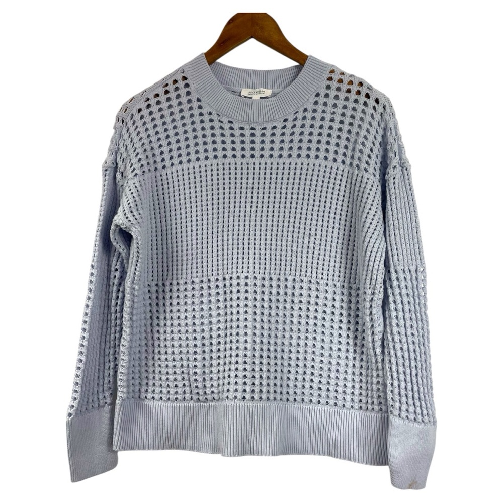 Haven Sweater Open Knit Crochet Blue Organic Minimal Woman Coastal Casual